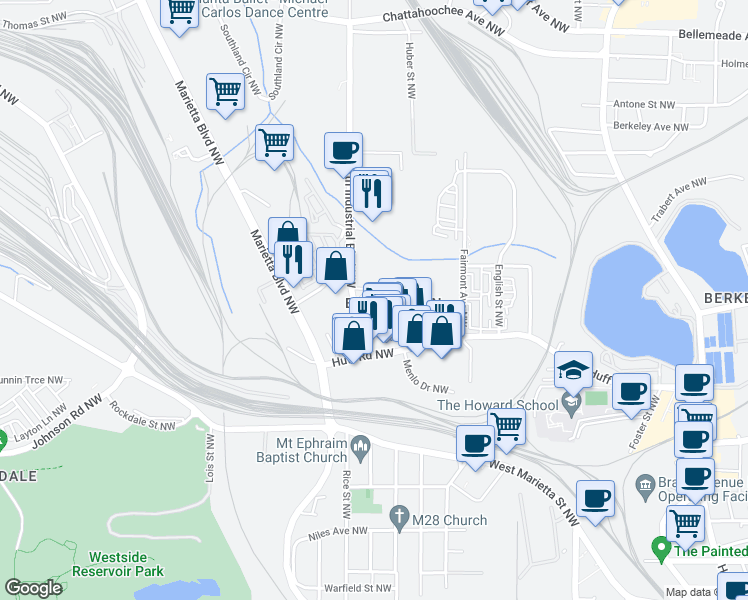 map of restaurants, bars, coffee shops, grocery stores, and more near 1228 Chelsea Circle Northwest in Atlanta