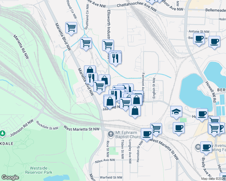 map of restaurants, bars, coffee shops, grocery stores, and more near 1228 Chelsea Circle Northwest in Atlanta