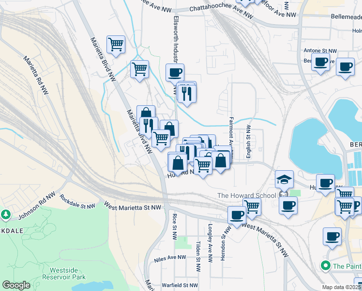 map of restaurants, bars, coffee shops, grocery stores, and more near 1228 Chelsea Circle Northwest in Atlanta