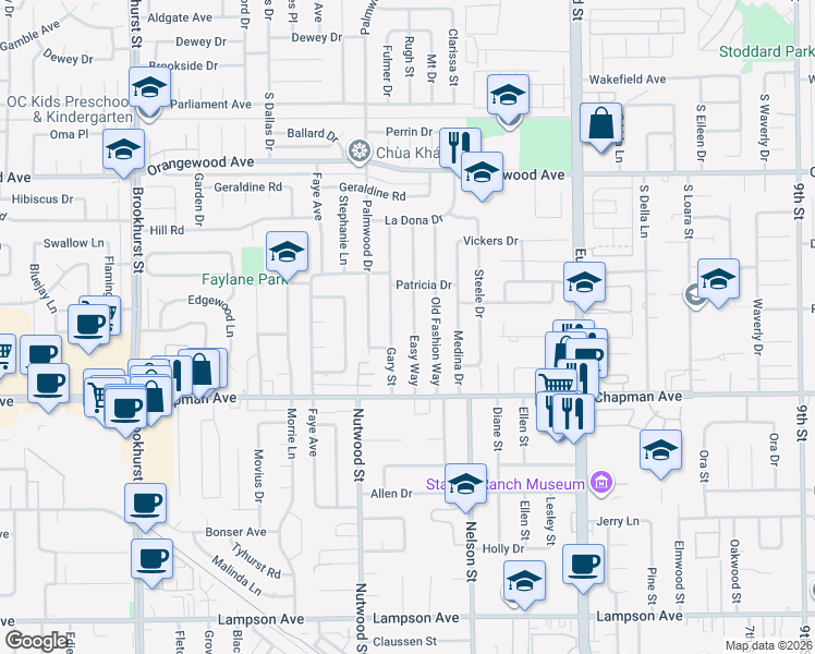 map of restaurants, bars, coffee shops, grocery stores, and more near 11821 Easy Way in Garden Grove