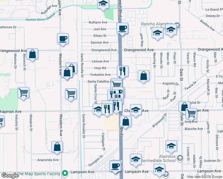 map of restaurants, bars, coffee shops, grocery stores, and more near 7902 Santa Barbara Avenue in Stanton