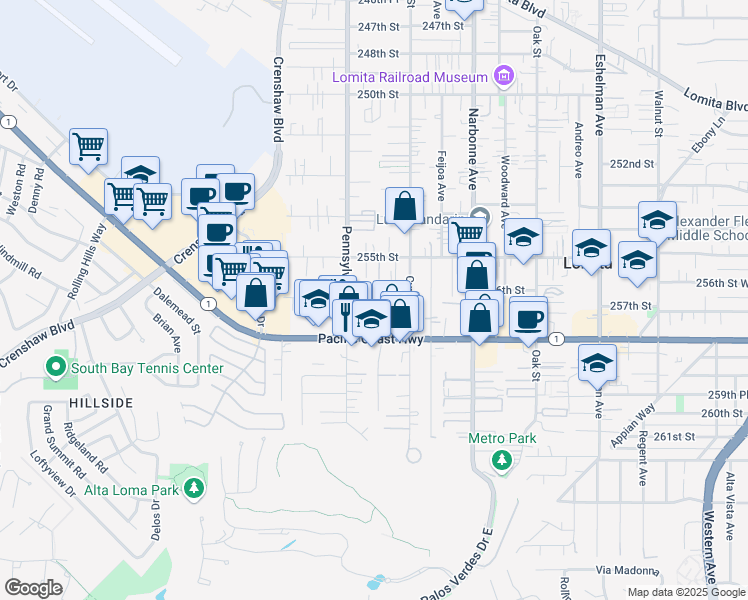 map of restaurants, bars, coffee shops, grocery stores, and more near 25601 Reed Drive in Lomita