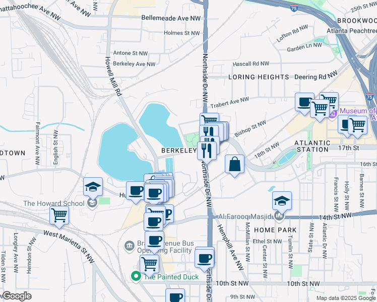 map of restaurants, bars, coffee shops, grocery stores, and more near 371 17th St NW in Atlanta