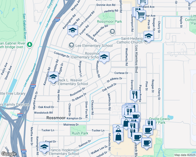 map of restaurants, bars, coffee shops, grocery stores, and more near 3181 Bostonian Drive in Los Alamitos