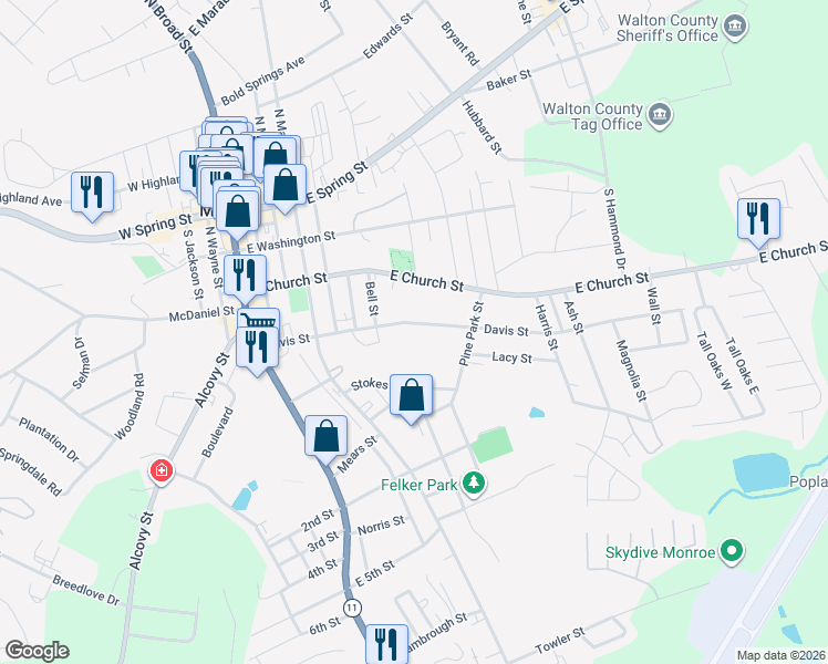 map of restaurants, bars, coffee shops, grocery stores, and more near 602 Davis Street in Monroe