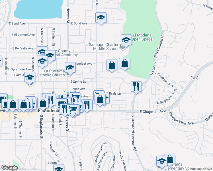 map of restaurants, bars, coffee shops, grocery stores, and more near in Orange