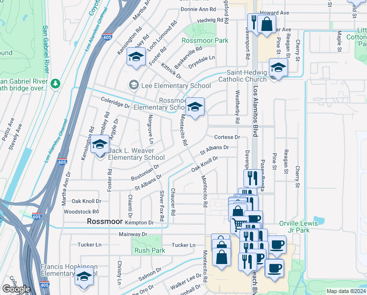 map of restaurants, bars, coffee shops, grocery stores, and more near 3181 Bostonian Drive in Los Alamitos