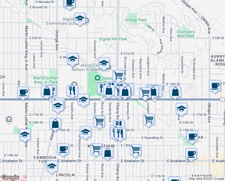 map of restaurants, bars, coffee shops, grocery stores, and more near 1850 Gardenia Avenue in Long Beach