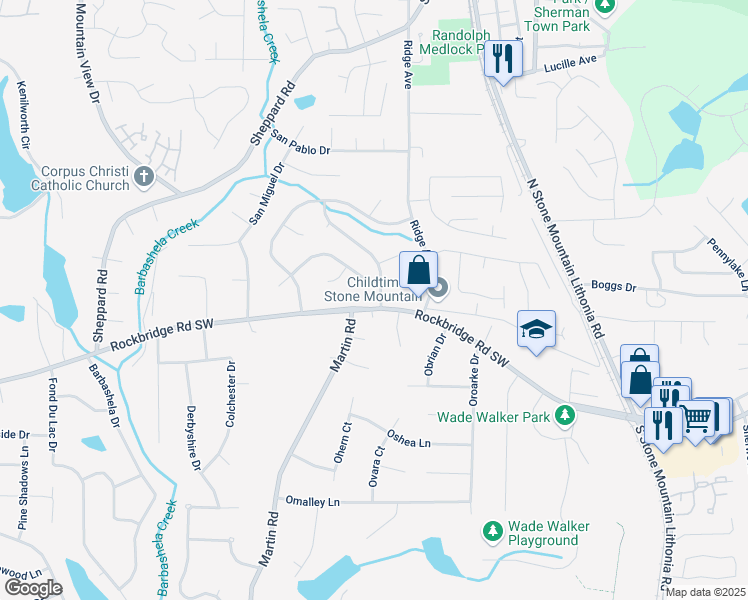map of restaurants, bars, coffee shops, grocery stores, and more near 5393 Rockbridge Road Southwest in Stone Mountain