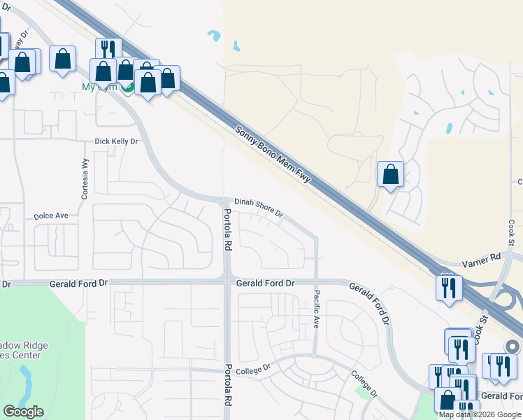 map of restaurants, bars, coffee shops, grocery stores, and more near 74334 Millennia Way in Palm Desert