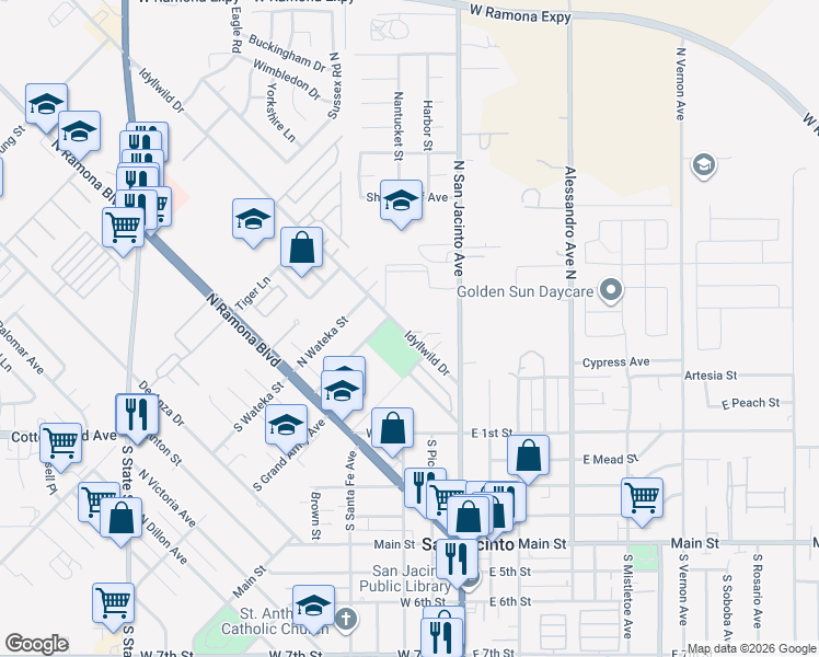 map of restaurants, bars, coffee shops, grocery stores, and more near 243 Idyllwild Drive in San Jacinto
