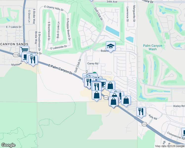 map of restaurants, bars, coffee shops, grocery stores, and more near 67580 Jones Road in Cathedral City
