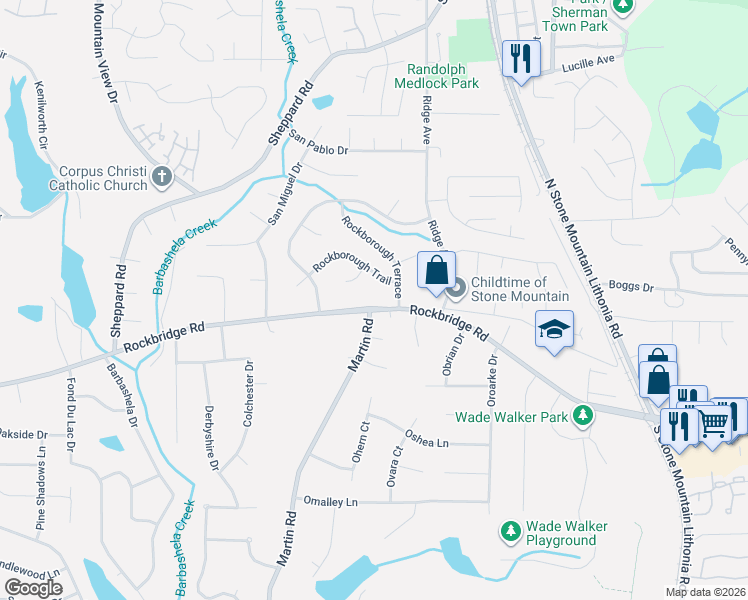 map of restaurants, bars, coffee shops, grocery stores, and more near 5393 Rockbridge Road Southwest in Stone Mountain