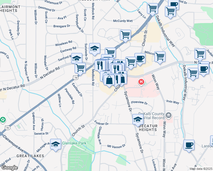 map of restaurants, bars, coffee shops, grocery stores, and more near 2629 North Decatur Road in Decatur