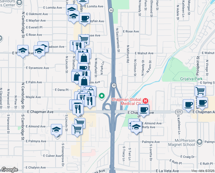 map of restaurants, bars, coffee shops, grocery stores, and more near 246 North Highland Street in Orange