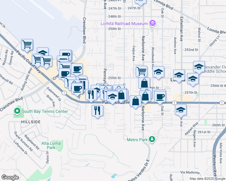 map of restaurants, bars, coffee shops, grocery stores, and more near 25601 Reed Drive in Lomita