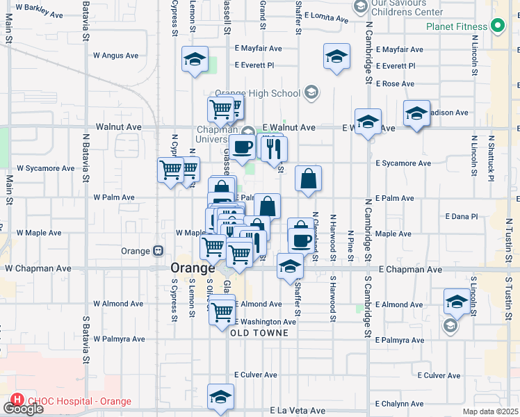 map of restaurants, bars, coffee shops, grocery stores, and more near 268 North Grand Street in Orange