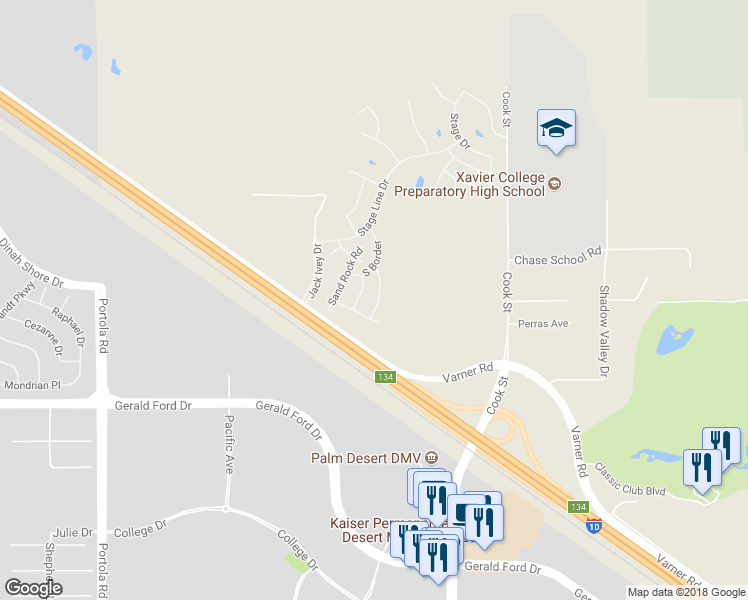 map of restaurants, bars, coffee shops, grocery stores, and more near 35521 Mexico Way in Thousand Palms