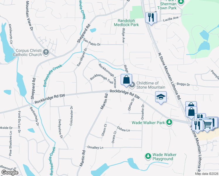 map of restaurants, bars, coffee shops, grocery stores, and more near 5393 Rockbridge Road Southwest in Stone Mountain