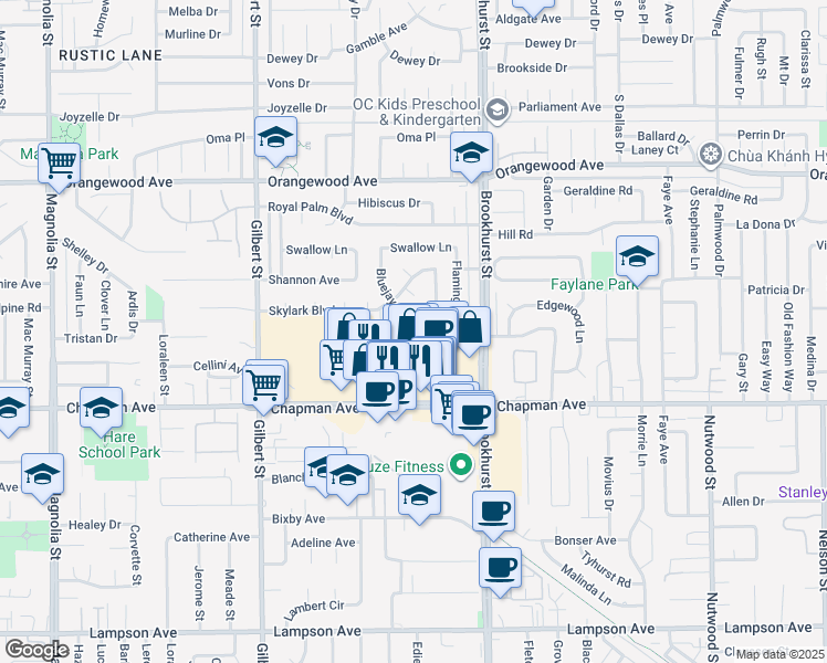 map of restaurants, bars, coffee shops, grocery stores, and more near 9841 Cockatoo Lane in Garden Grove