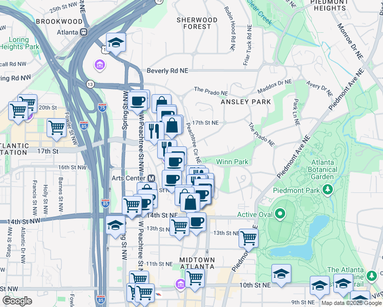 map of restaurants, bars, coffee shops, grocery stores, and more near 78 Peachtree Circle Northeast in Atlanta