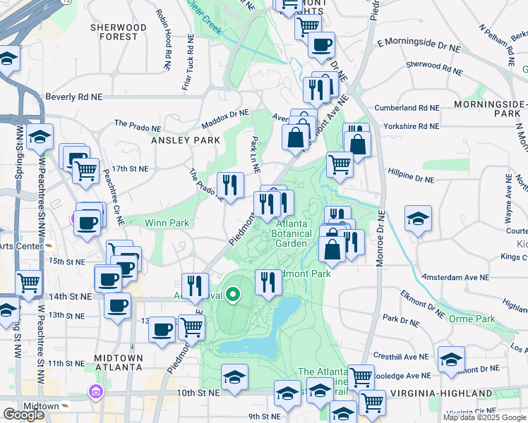 map of restaurants, bars, coffee shops, grocery stores, and more near 1345 Piedmont Avenue Northeast in Atlanta