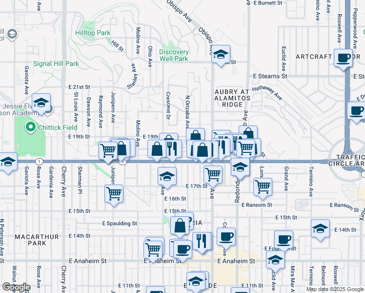 map of restaurants, bars, coffee shops, grocery stores, and more near 1865 Orizaba Avenue in Signal Hill