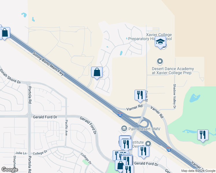 map of restaurants, bars, coffee shops, grocery stores, and more near 35521 Mexico Way in Thousand Palms