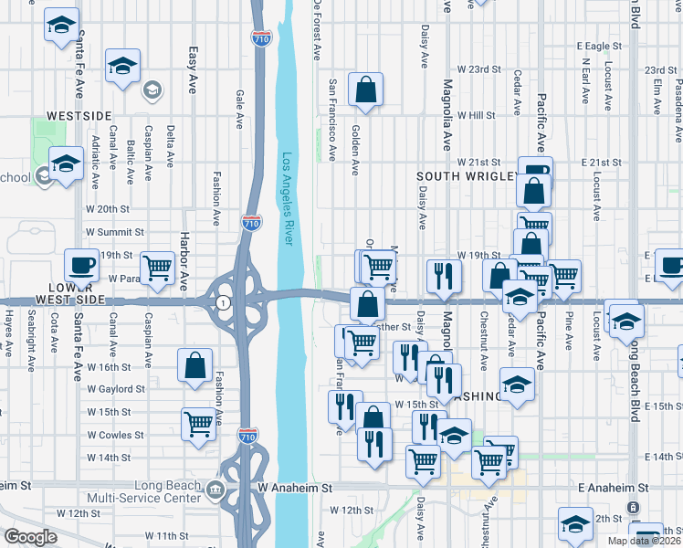 map of restaurants, bars, coffee shops, grocery stores, and more near 1860 San Francisco Avenue in Long Beach