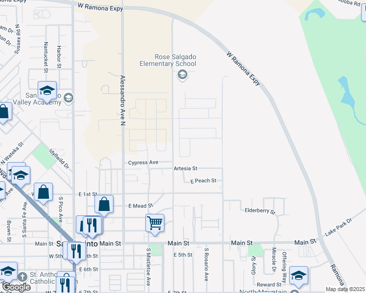 map of restaurants, bars, coffee shops, grocery stores, and more near 365 White Gate Place in San Jacinto