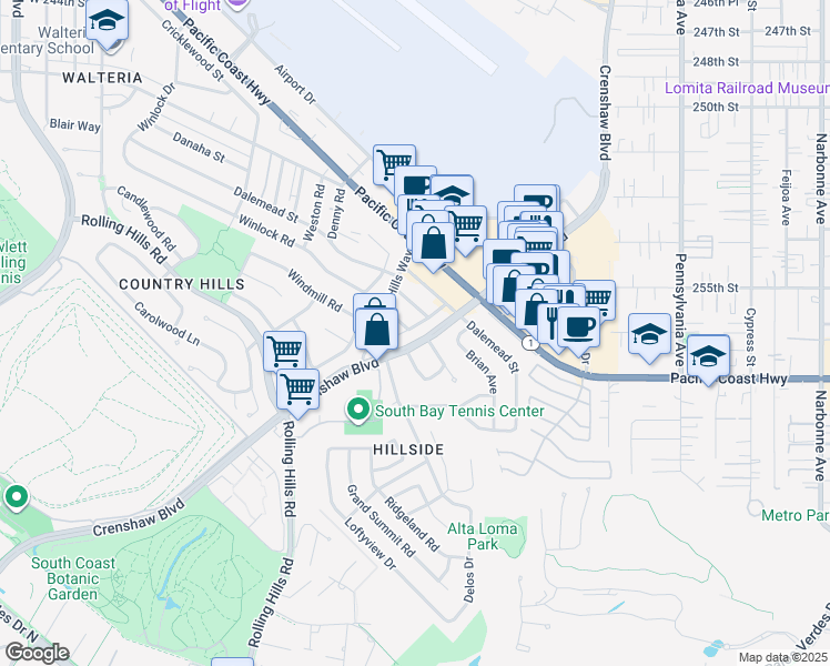 map of restaurants, bars, coffee shops, grocery stores, and more near 25534 January Drive in Torrance