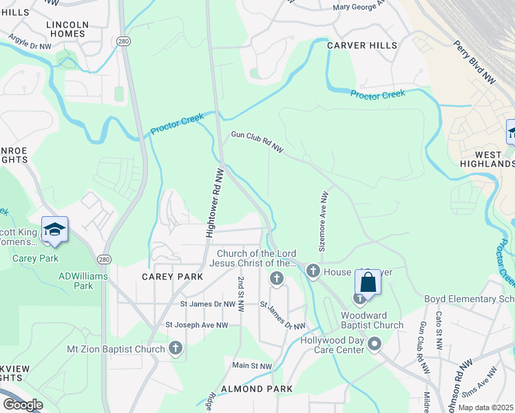 map of restaurants, bars, coffee shops, grocery stores, and more near Hollywood Road Northwest in Atlanta