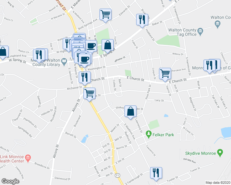 map of restaurants, bars, coffee shops, grocery stores, and more near 498 Davis Street in Monroe