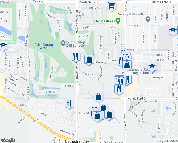 map of restaurants, bars, coffee shops, grocery stores, and more near 35200 Cathedral Canyon Drive in Cathedral Cty