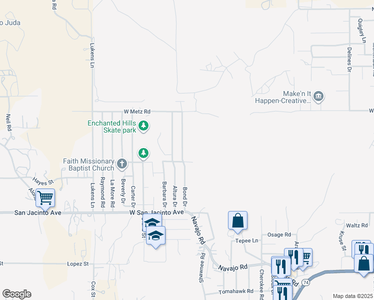 map of restaurants, bars, coffee shops, grocery stores, and more near 487 Bond Drive in Perris
