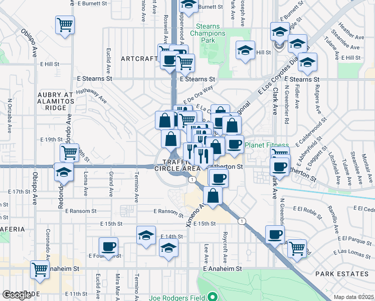 map of restaurants, bars, coffee shops, grocery stores, and more near 4403 East Los Coyotes Diagonal in Long Beach