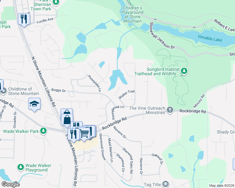 map of restaurants, bars, coffee shops, grocery stores, and more near 515 Julius Drive in Stone Mountain