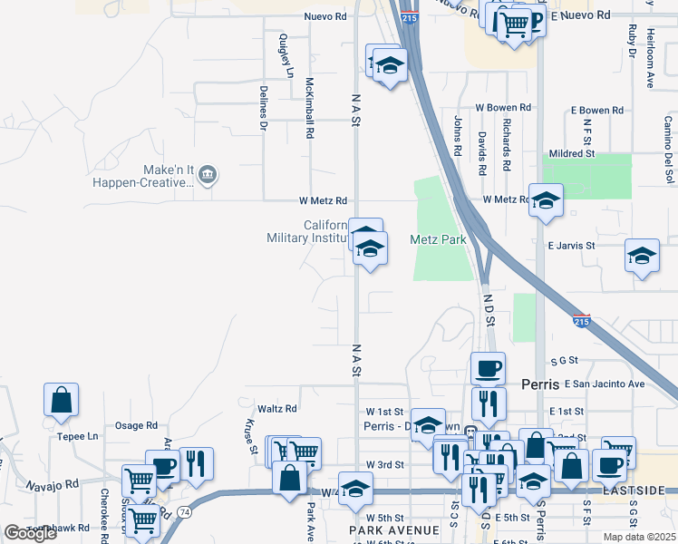 map of restaurants, bars, coffee shops, grocery stores, and more near 602 Roadrunner Way in Perris