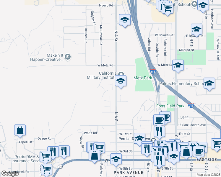 map of restaurants, bars, coffee shops, grocery stores, and more near 602 Roadrunner Way in Perris