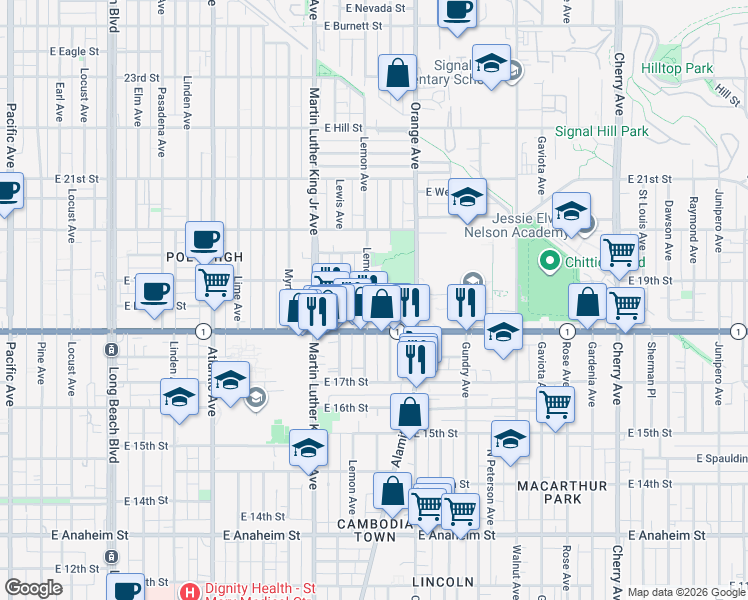 map of restaurants, bars, coffee shops, grocery stores, and more near 1872 Lemon Avenue in Long Beach