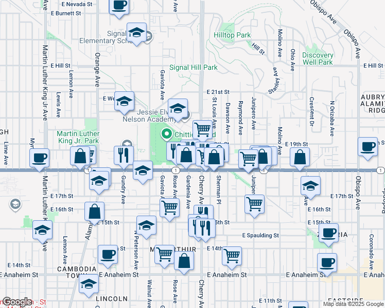 map of restaurants, bars, coffee shops, grocery stores, and more near 1830 Gardenia Avenue in Long Beach