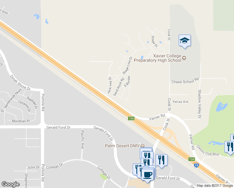 map of restaurants, bars, coffee shops, grocery stores, and more near 35550 Sand Rock Road in Thousand Palms