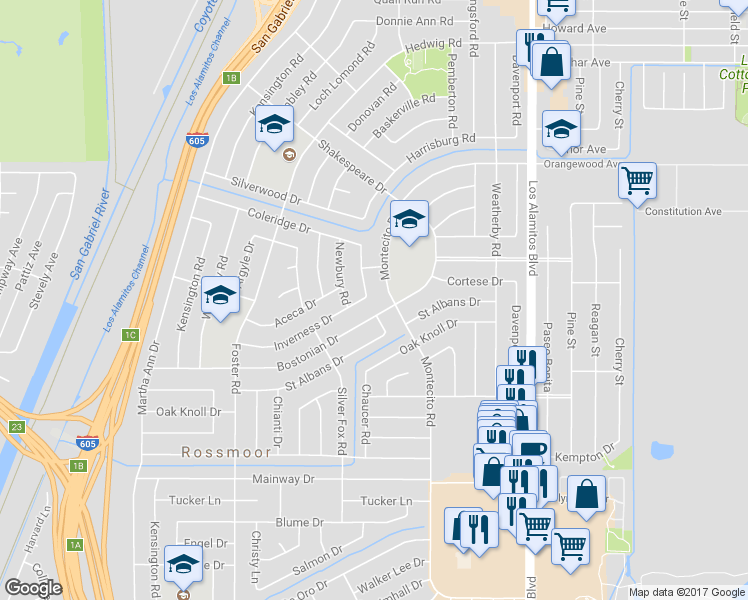 map of restaurants, bars, coffee shops, grocery stores, and more near 3162 Inverness Drive in Los Alamitos