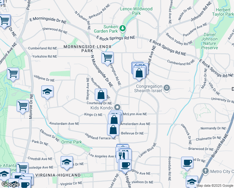 map of restaurants, bars, coffee shops, grocery stores, and more near North Highland Avenue Northeast & N Morningside Dr NE in Atlanta