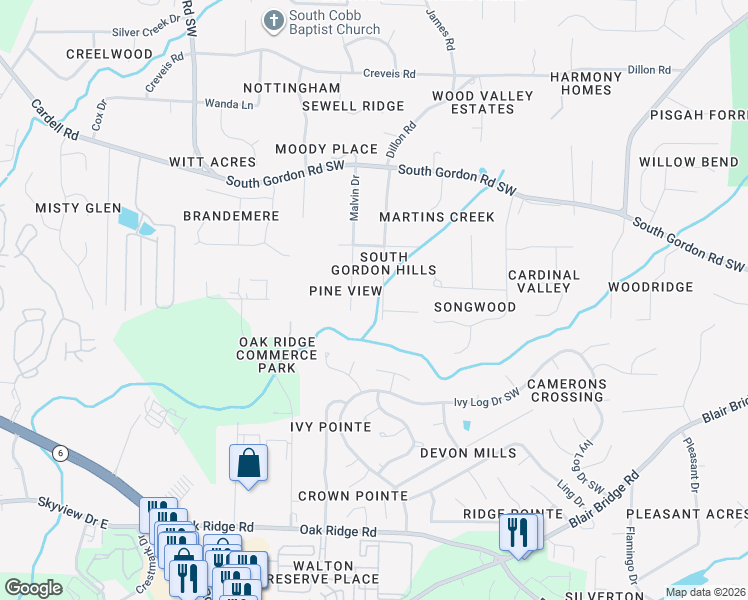 map of restaurants, bars, coffee shops, grocery stores, and more near 6739 South Dillon Road in Austell