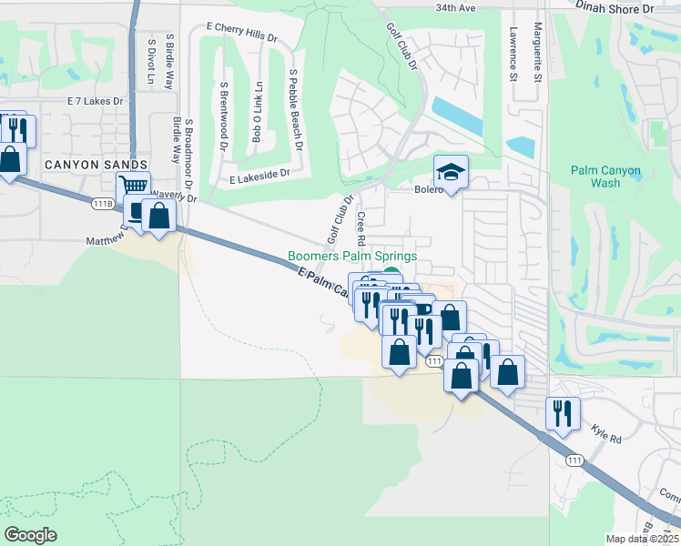 map of restaurants, bars, coffee shops, grocery stores, and more near 6575 East Palm Canyon Drive in Cathedral City