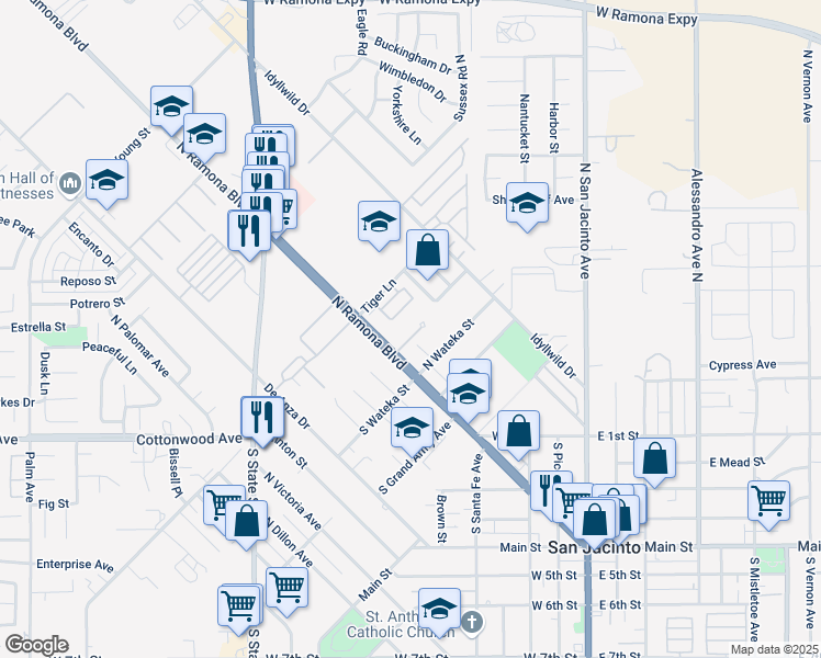 map of restaurants, bars, coffee shops, grocery stores, and more near 537 North Ramona Boulevard in San Jacinto