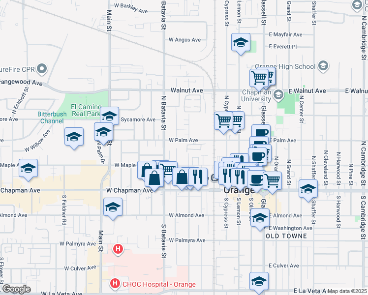 map of restaurants, bars, coffee shops, grocery stores, and more near 633c North Parker Street in Orange