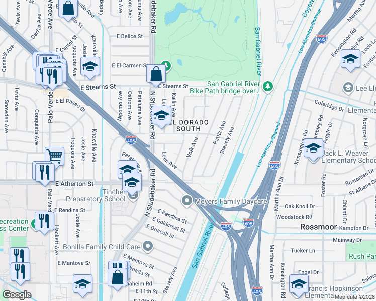 map of restaurants, bars, coffee shops, grocery stores, and more near 1857 Volk Avenue in Long Beach