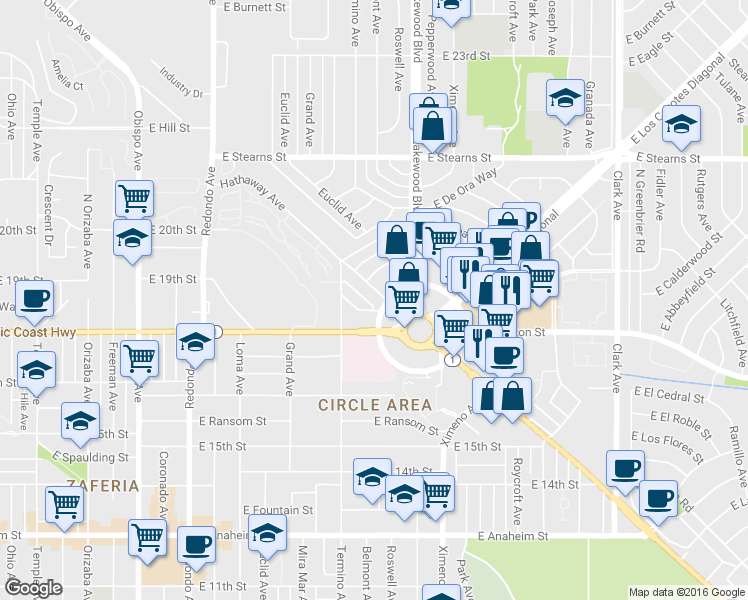 map of restaurants, bars, coffee shops, grocery stores, and more near 4146 East Mendez Street in Long Beach